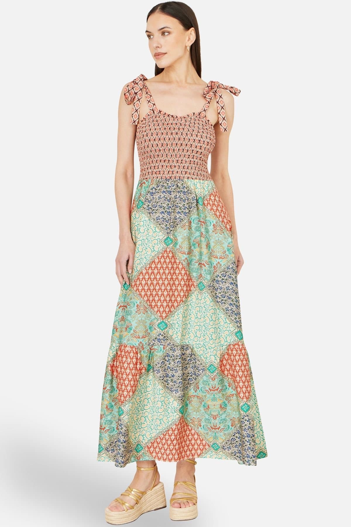 Yumi Yumi Women's Viscose Patchwork Ruched Smocked Maxi Sundress In Multicolour in Coral