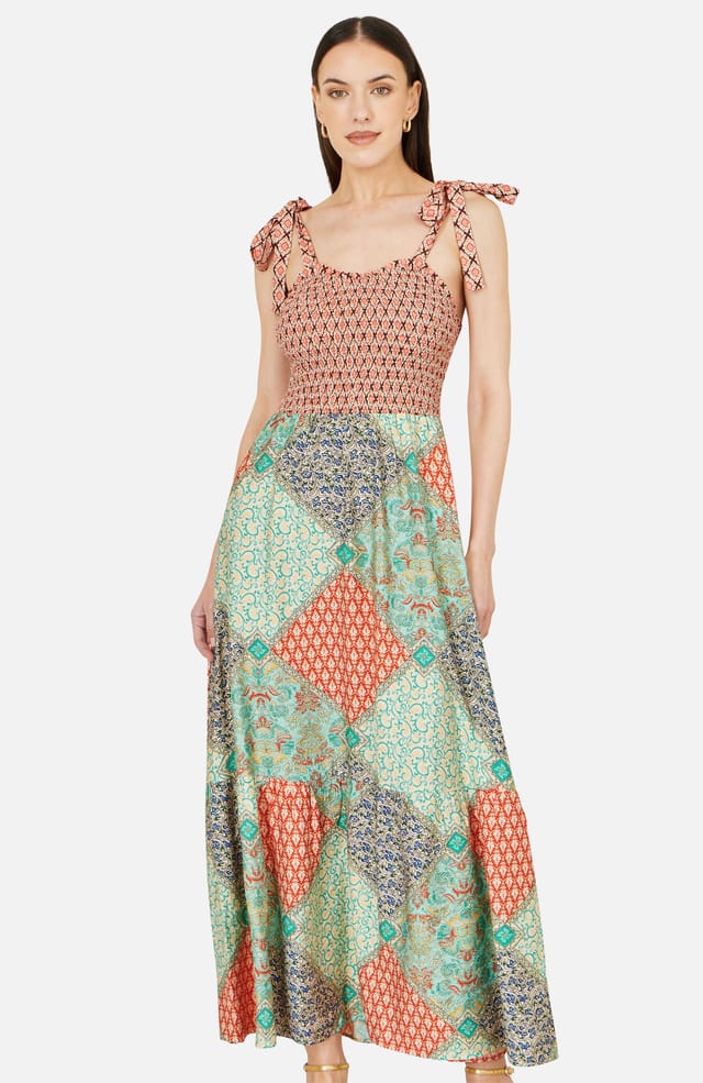 Yumi Yumi Women's Viscose Patchwork Ruched Smocked Maxi Sundress In Multicolour in Coral - 2