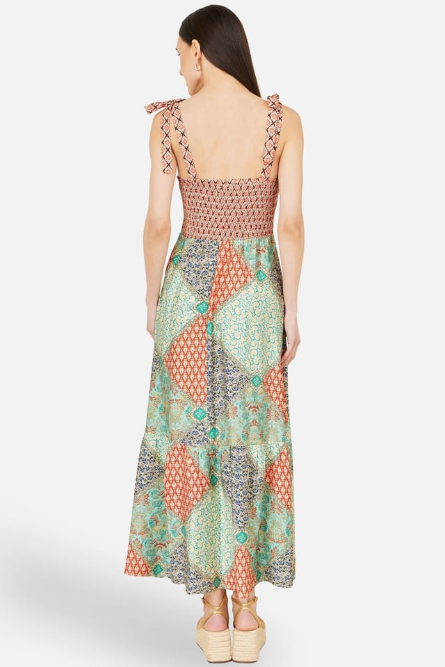 Yumi Yumi Women's Viscose Patchwork Ruched Smocked Maxi Sundress In Multicolour in Coral - 3