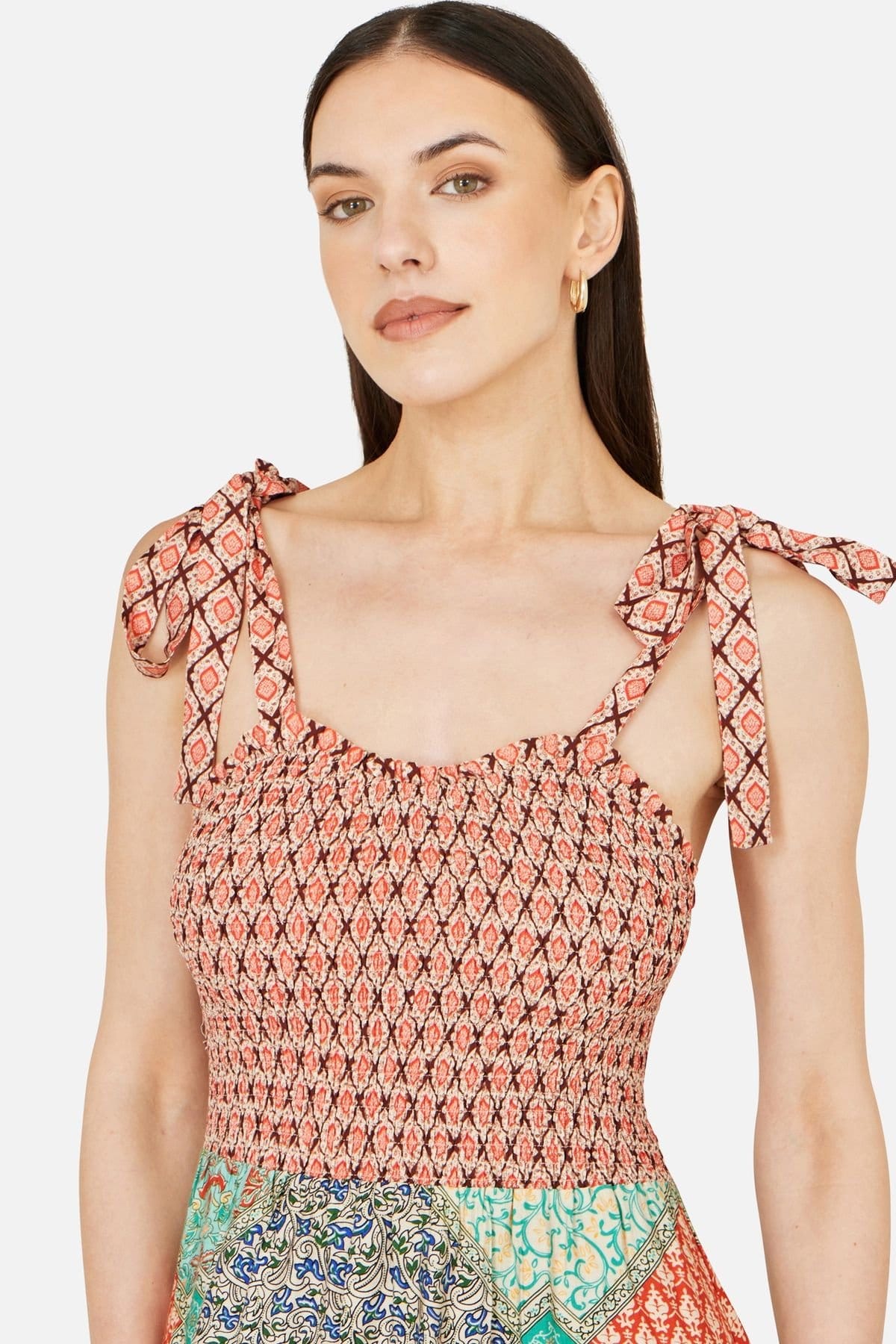 Yumi Yumi Women's Viscose Patchwork Ruched Smocked Maxi Sundress In Multicolour in Coral - 4