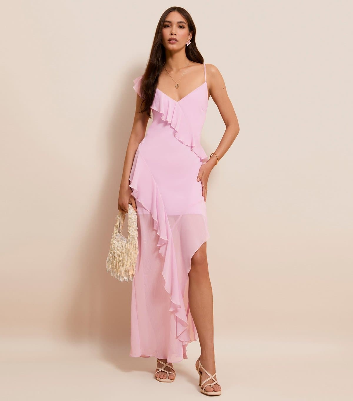 New Look Women's Lilac Chiffon Ruffle Trim Strappy Midi Dress New Look