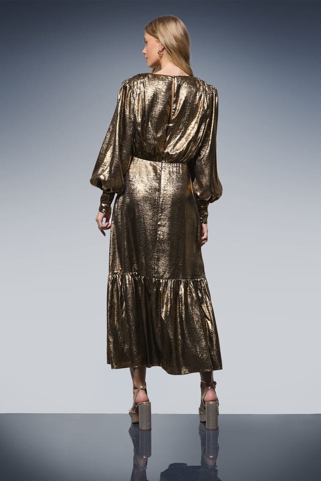 Oasis Oasis Women's Lame Balloon Sleeve Midi Dress in Gold - 3