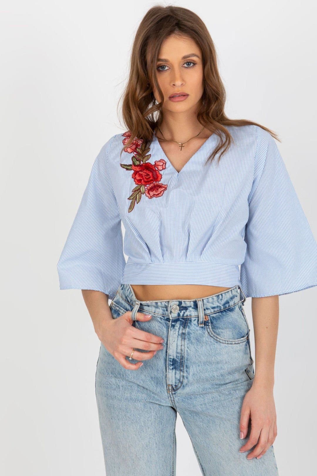 Love Lace Love Lace Women's Cotton Sweetheart Blouse with Back Tie in Blue