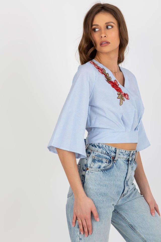 Love Lace Love Lace Women's Cotton Sweetheart Blouse with Back Tie in Blue - 2