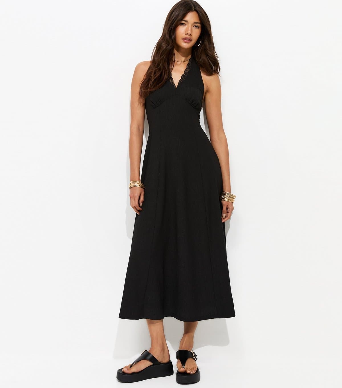 New Look Women's Black Crinkle Texture Halter V Neck Lace Midi Dress New Look