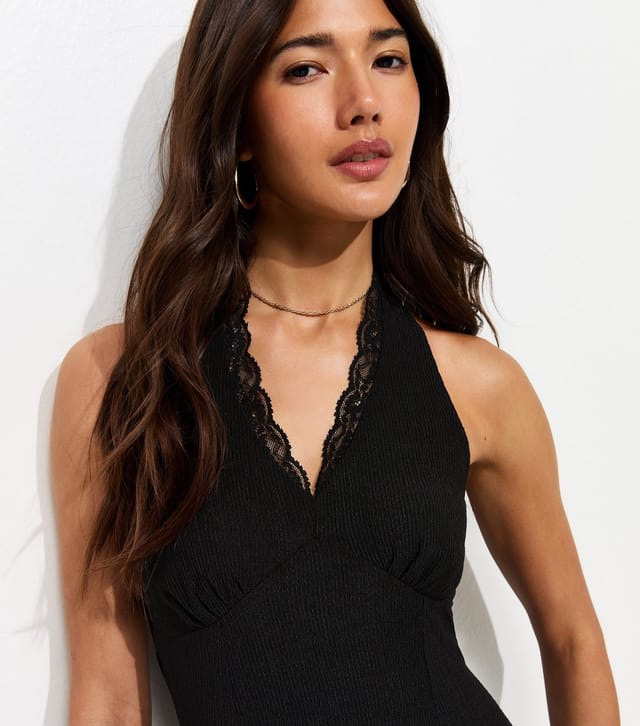 New Look Women's Black Crinkle Texture Halter V Neck Lace Midi Dress New Look - 2