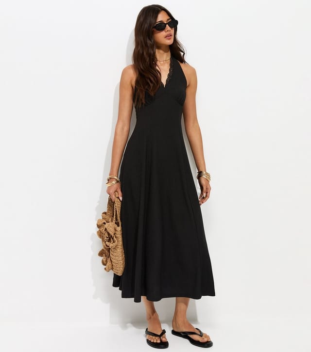 New Look Women's Black Crinkle Texture Halter V Neck Lace Midi Dress New Look - 3
