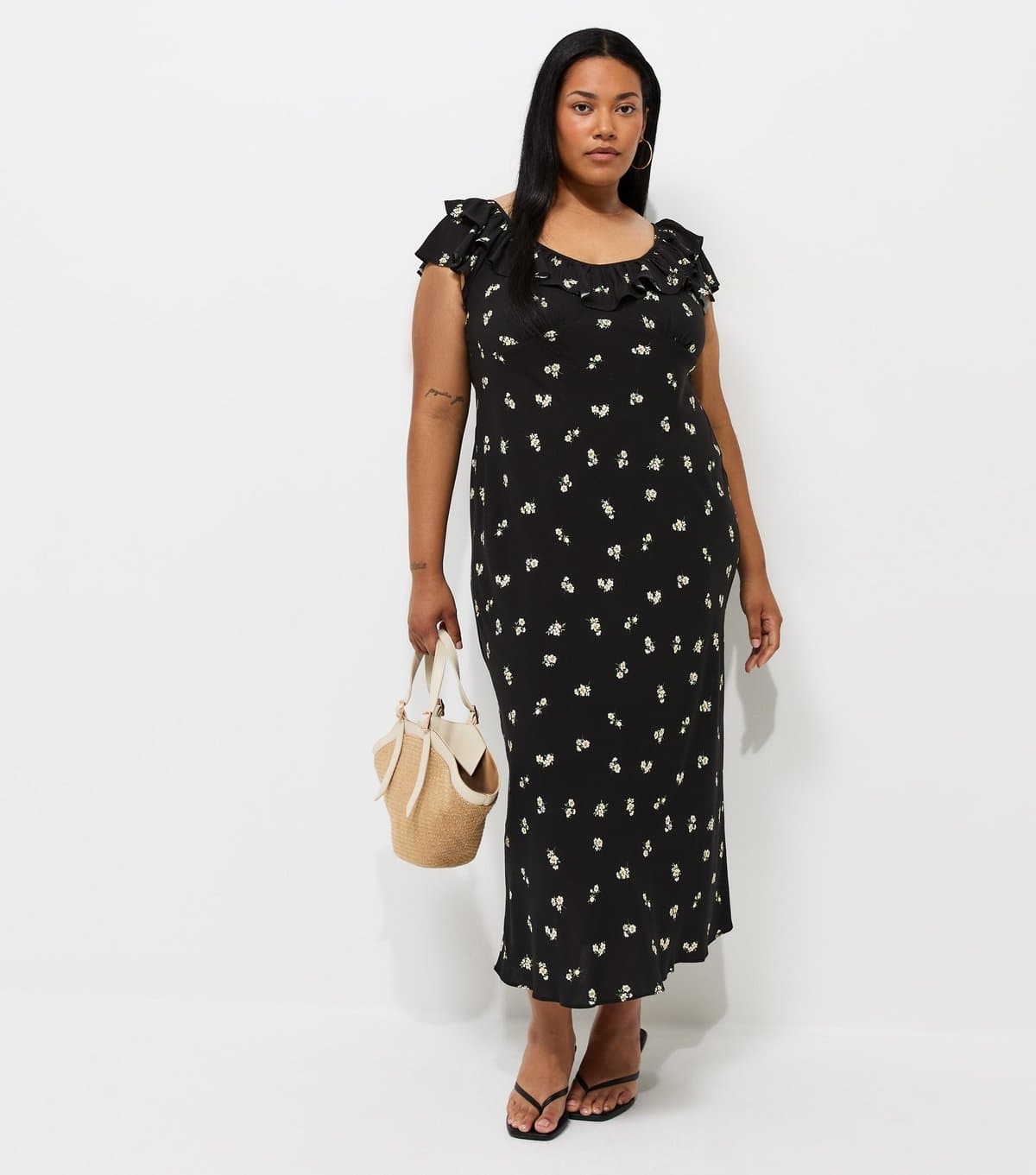 New Look Women's Plus Size Black Floral Print Ruffle Neck Midi Dress Curves New Look