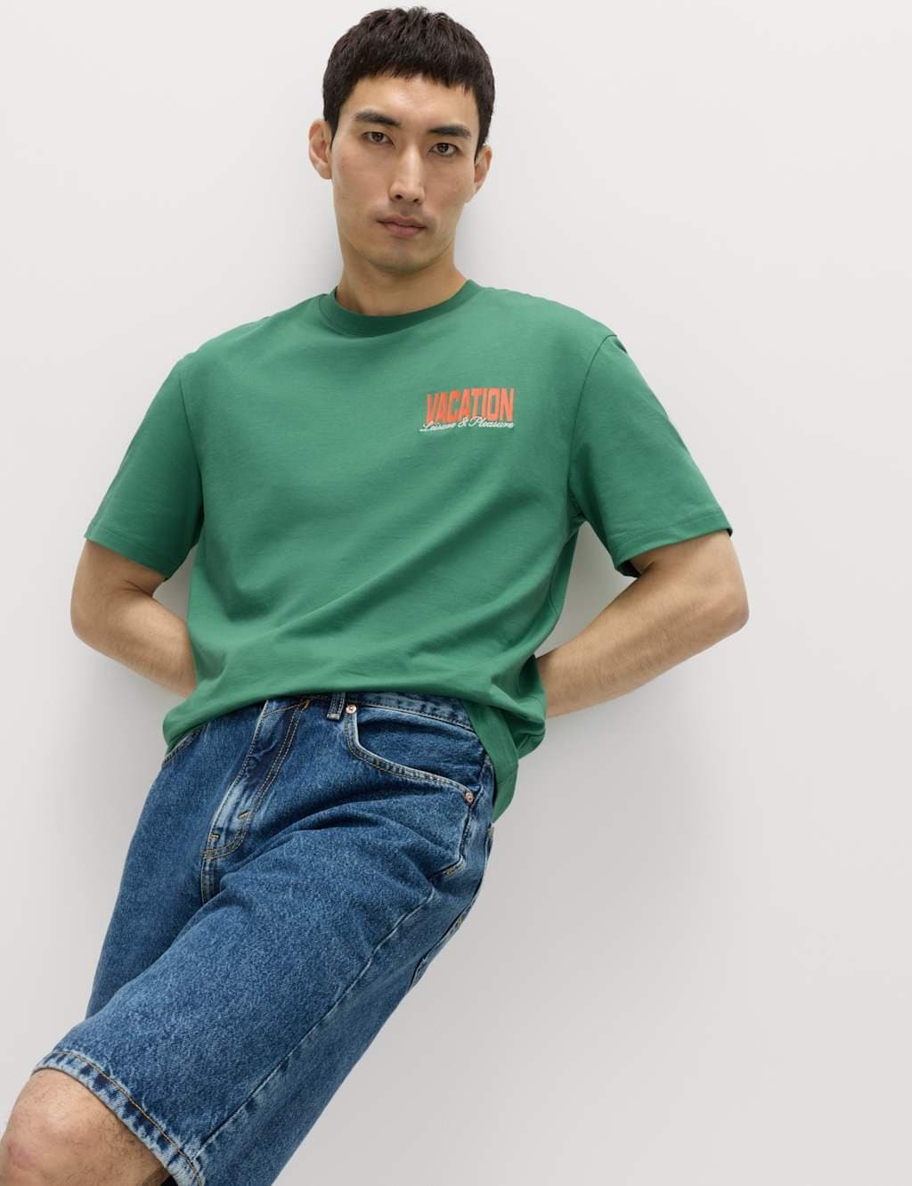 Marks & Spencer M&S Pure Cotton Summer Vacation Slogan T shirt Emerald