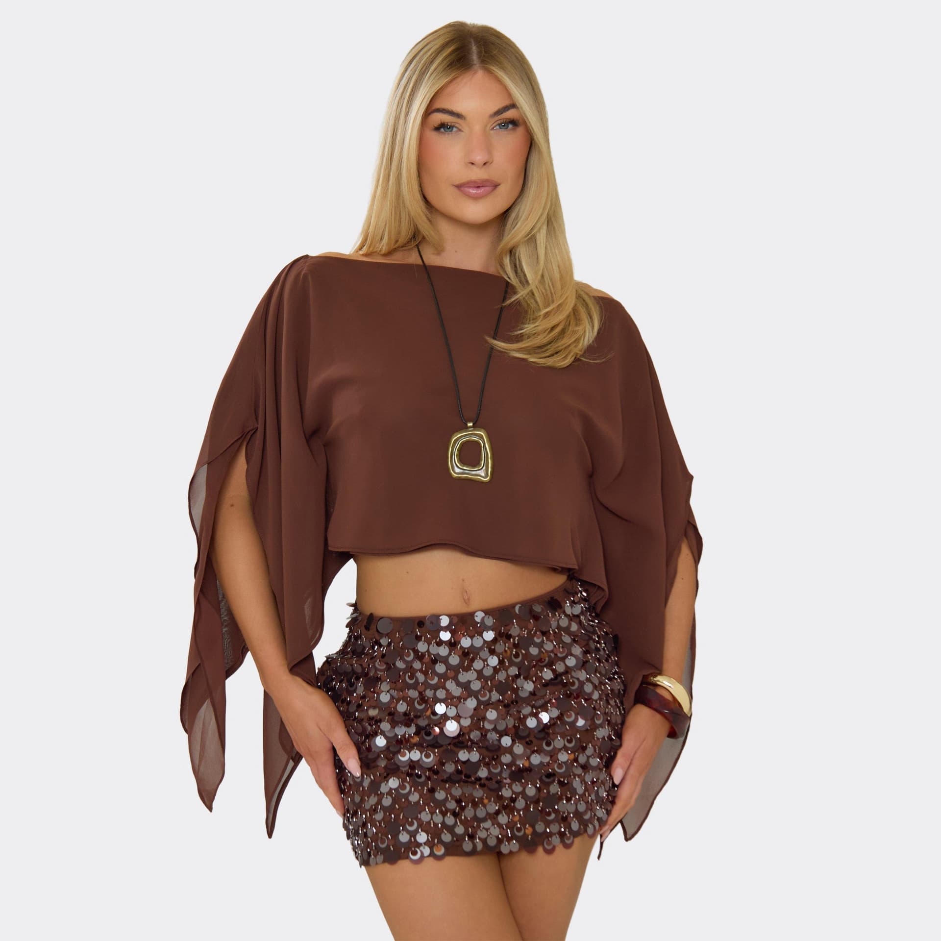EGO Cape Top In Dark Brown Chiffon, Women's Size UK 6
