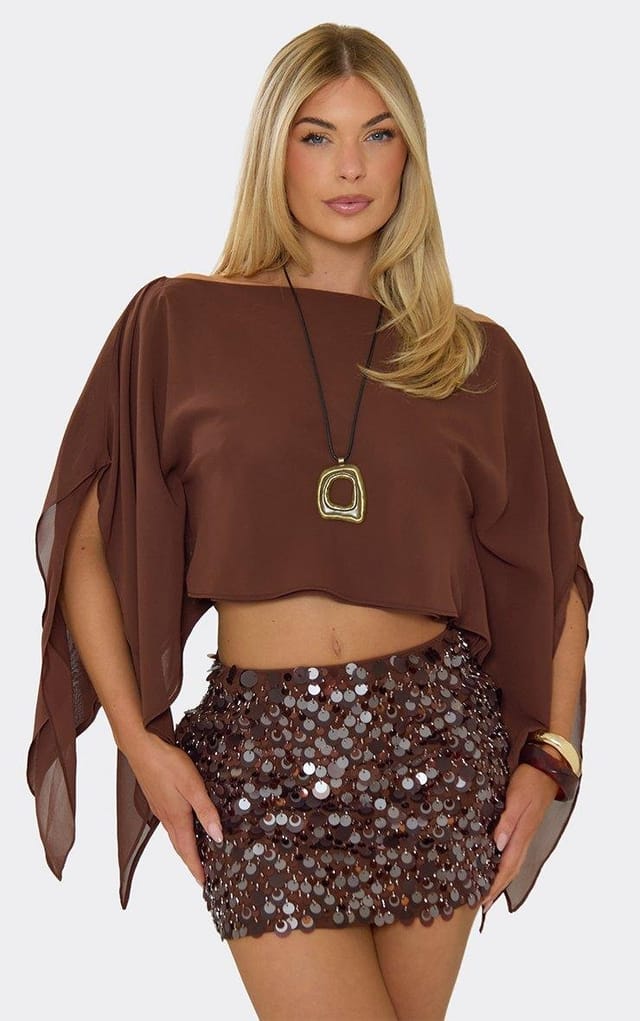 EGO Cape Top In Dark Brown Chiffon, Women's Size UK 6 - 2