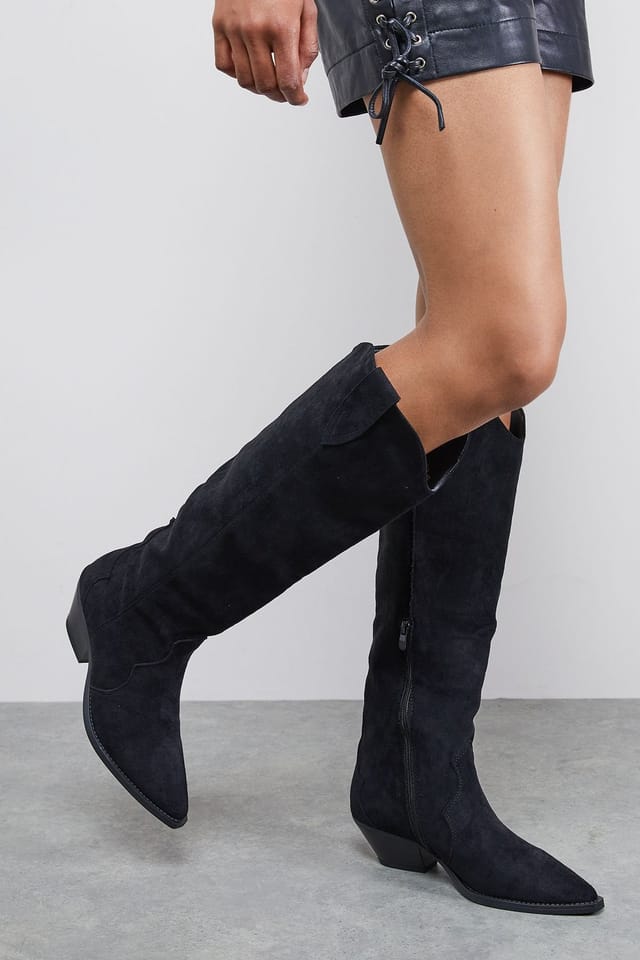 Faith Faith Women's : Cali Faux Suede Low Heel Western Knee Boots in Natural Black - 2