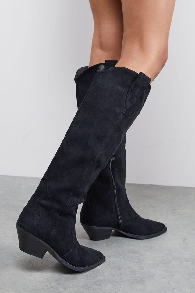 Faith Faith Women's : Cali Faux Suede Low Heel Western Knee Boots in Natural Black - 3
