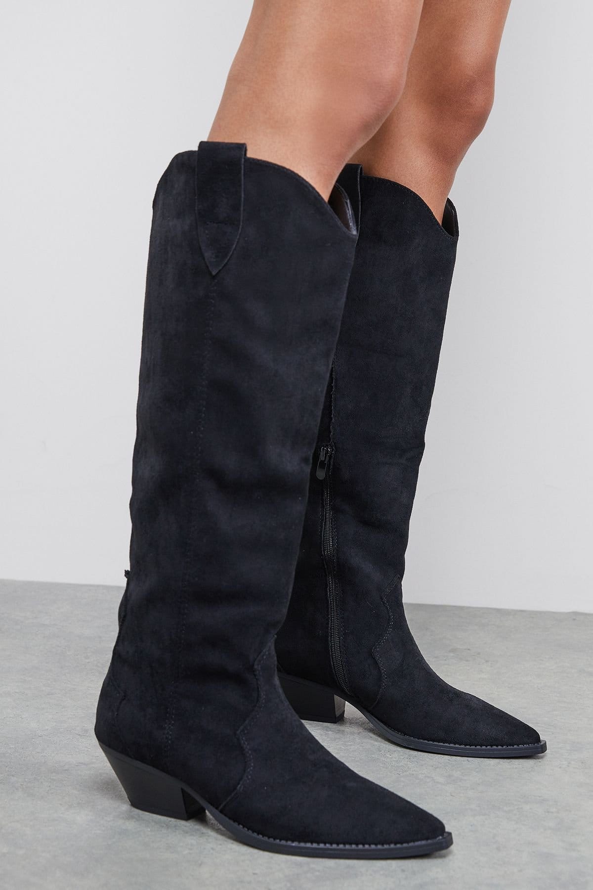 Faith Faith Women's : Cali Faux Suede Low Heel Western Knee Boots in Natural Black - 4