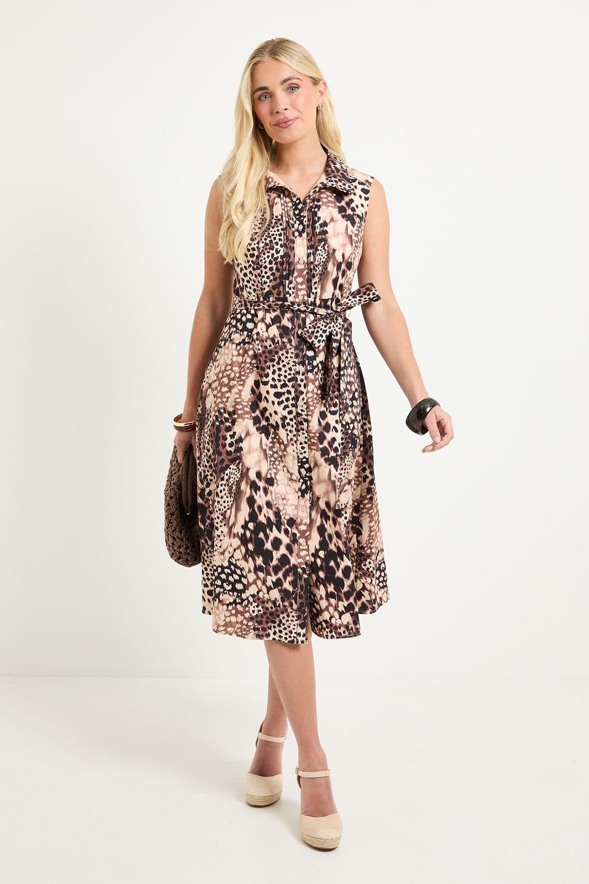 Wallis Wallis Women's Petite Summer Cotton Animal Shirt Dress in Brown