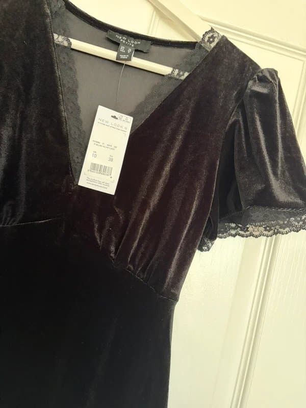 New Look Black velvet v-neck mini dress with lace edge and tie up back
