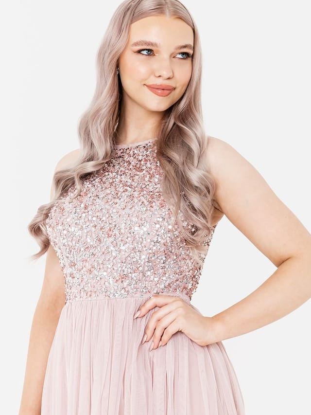 Maya Deluxe Maya Deluxe Women's Embellished Halter Neck Midi Dress in Light Pink - 2