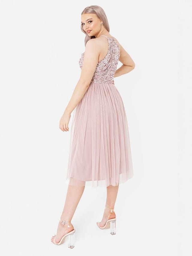 Maya Deluxe Maya Deluxe Women's Embellished Halter Neck Midi Dress in Light Pink - 3