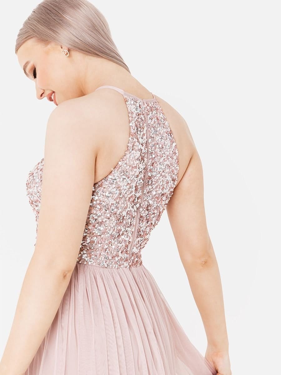 Maya Deluxe Maya Deluxe Women's Embellished Halter Neck Midi Dress in Light Pink - 4