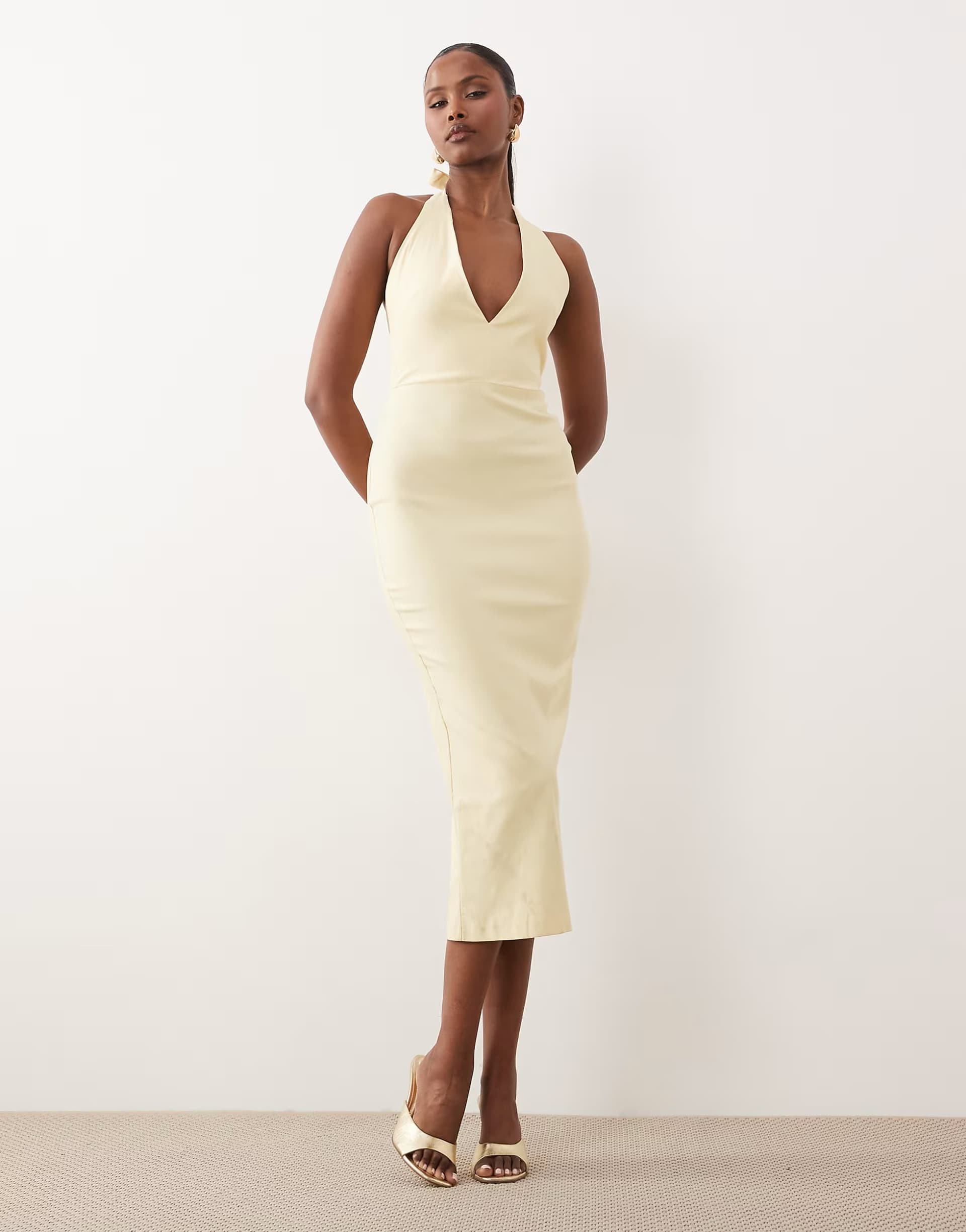 ASOS Vesper bengaline scoop halterneck tie detail midi dress in yellow