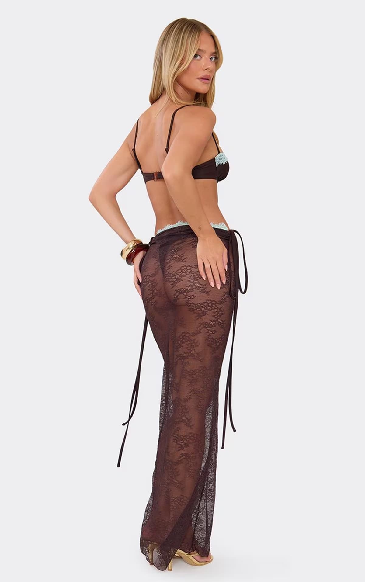 EGO Low Waist Contrast Lace Trim Ruched Side Beach Maxi Skirt In Chocolate Brown Lace, Women's Size UK 6
