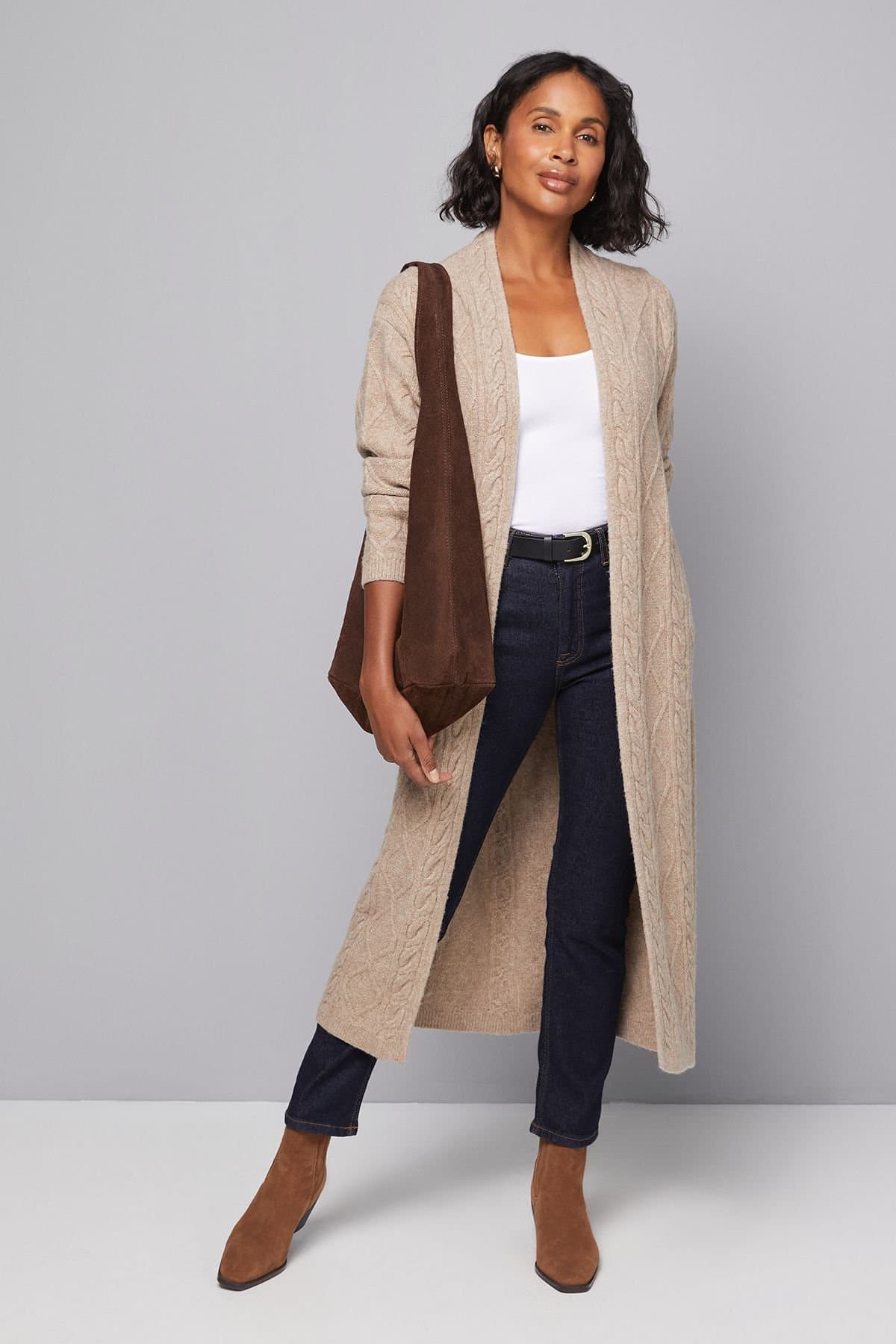 Wallis Wallis Women's Longline Maxi Cable Cardigan in Khaki