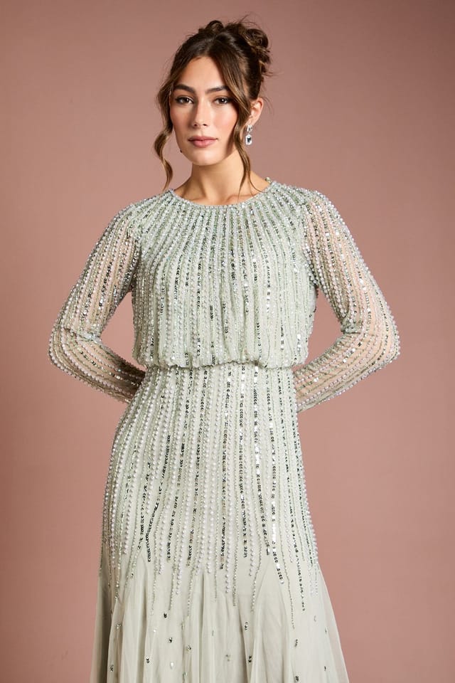 Coast Coast Women's Linear Sequin Embellished Long Sleeve Maxi Dress in Sage - 2