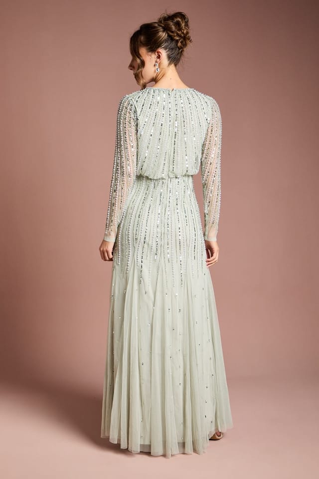 Coast Coast Women's Linear Sequin Embellished Long Sleeve Maxi Dress in Sage - 3