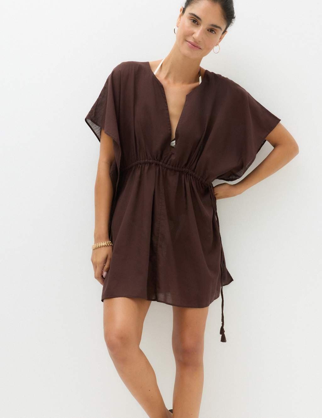 Marks & Spencer M&S Pure Cotton Tie Detail Mini Kaftan Dress Peat