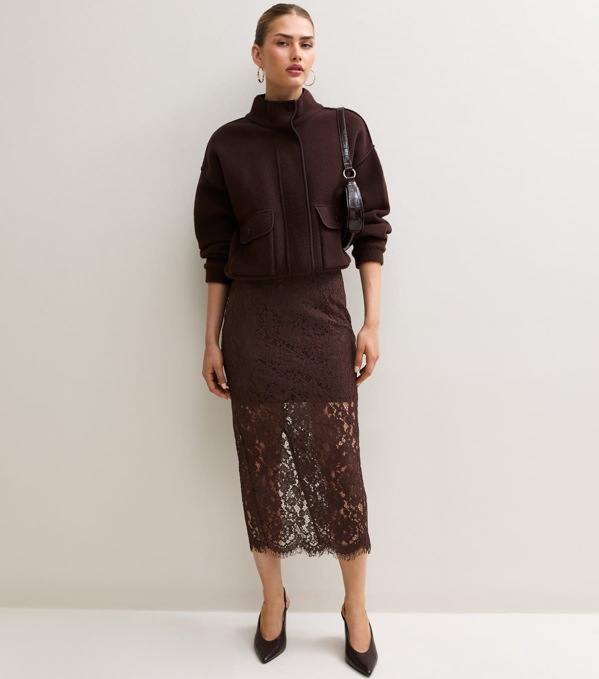 New Look Women's Dark Brown Lace Midi Pencil Skirt with Cotton New Look