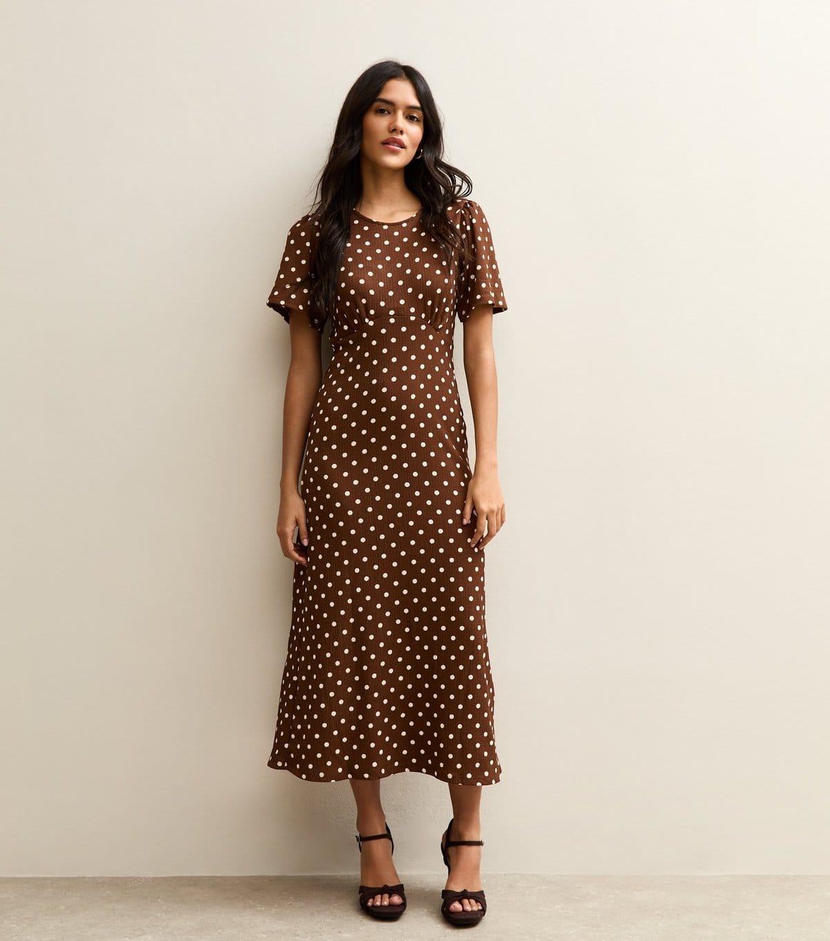 New Look Brown Polka Dot Midi Dress