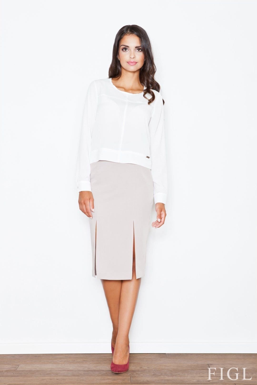 Love Lace Beige High Waisted Skirt with Front Slits