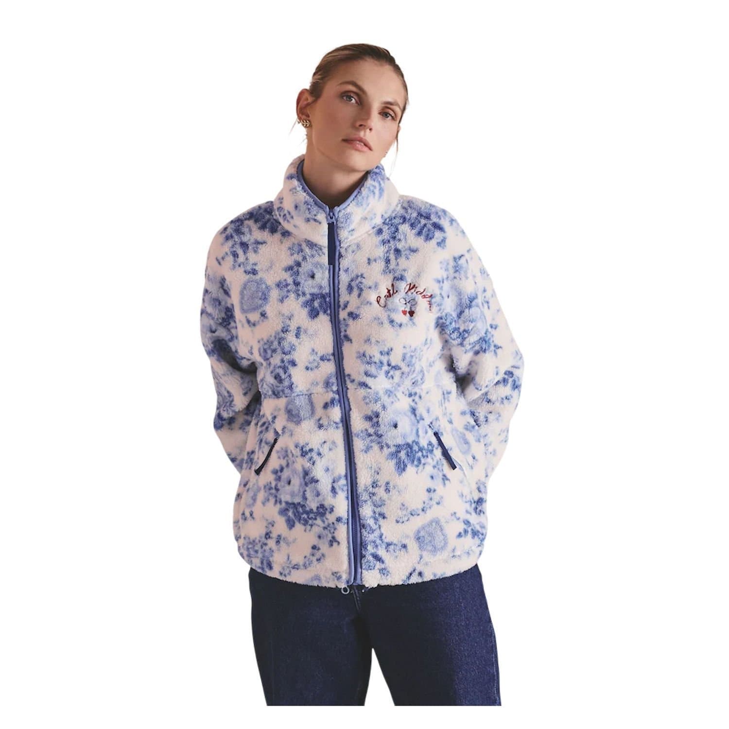 Cath Kidston Cath Kidston Women's Hackney Rose Floral Borg Fleece Jacket in Blue