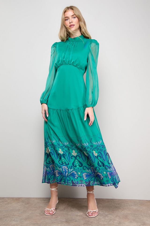 Oasis Oasis Women's Printed Dropped Curved Waist Long Sleeve Maxi Dress in Green - 2