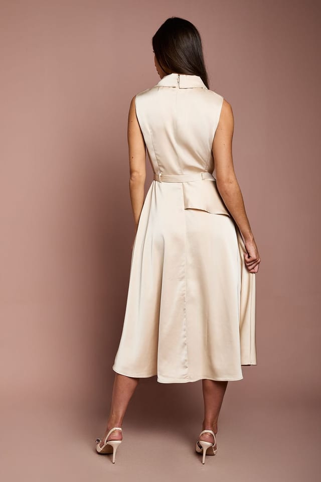 Coast Coast Women's Waterfall Ruffle Belted Satin Midi Dress in Champagne - 3