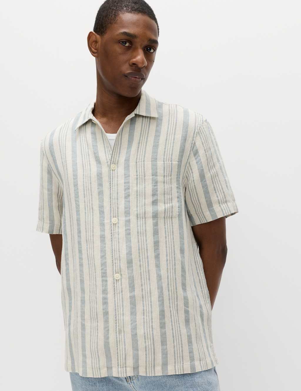 Marks & Spencer M&S Linen Rich Striped Short Sleeve Shirt Blue Mix - 2