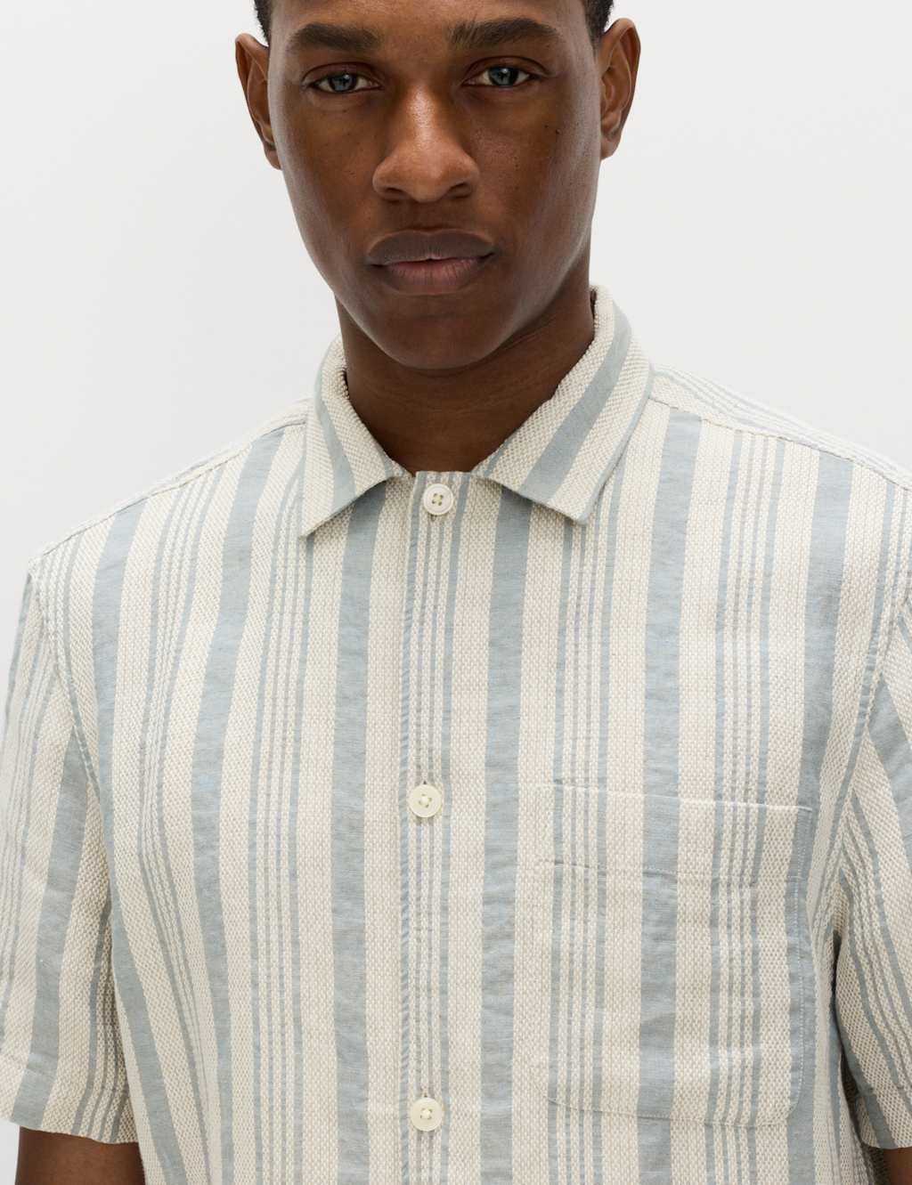 Marks & Spencer M&S Linen Rich Striped Short Sleeve Shirt Blue Mix - 4