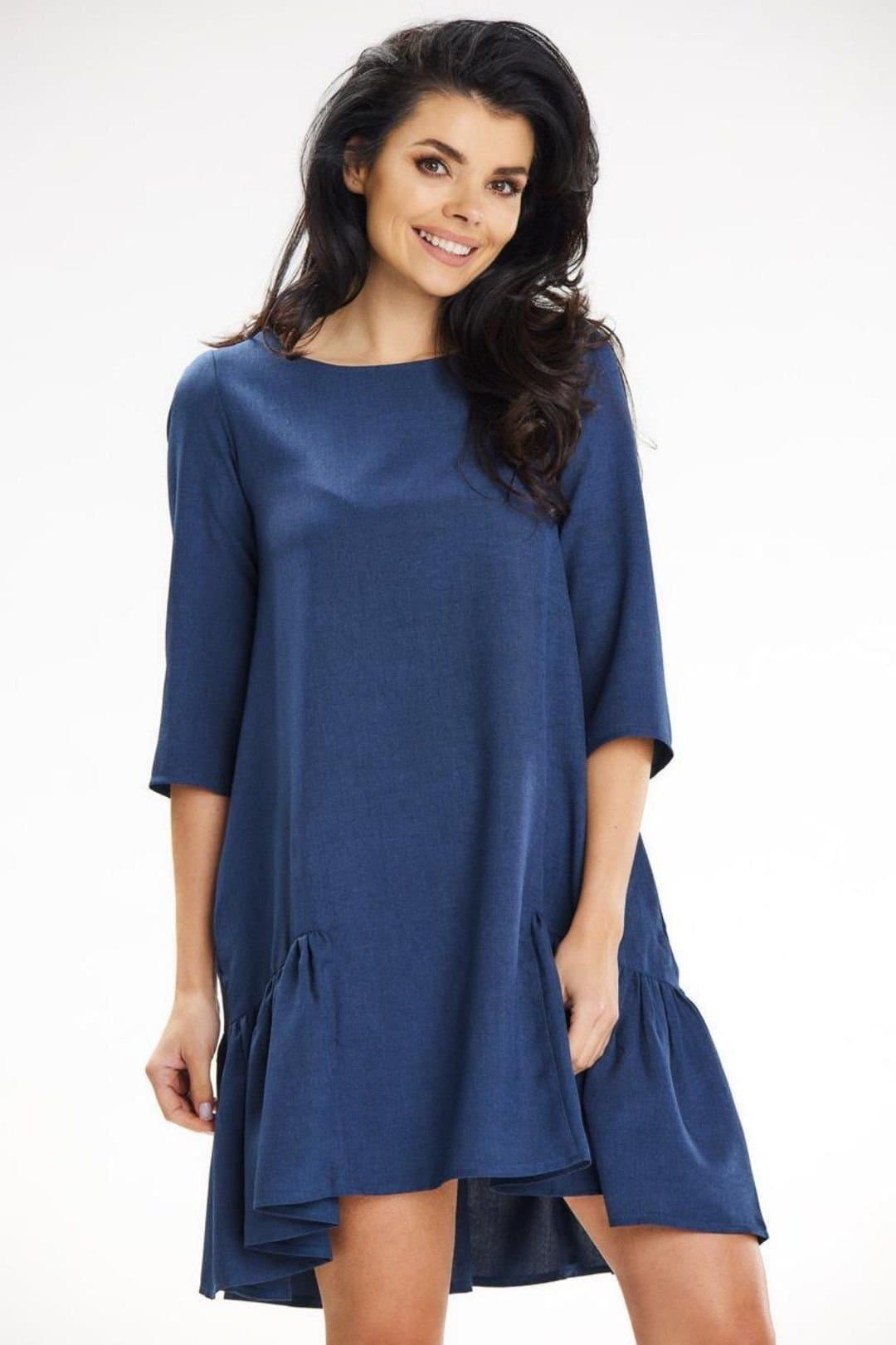 Love Lace Love Lace Women's Loose Trapeze Mini Dress With Frill Hem Pockets in Blue