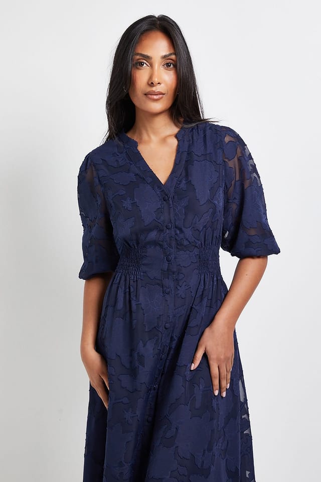 Wallis Wallis Women's Petite Floral Jacquard Button Midi Dress in Navy - 2