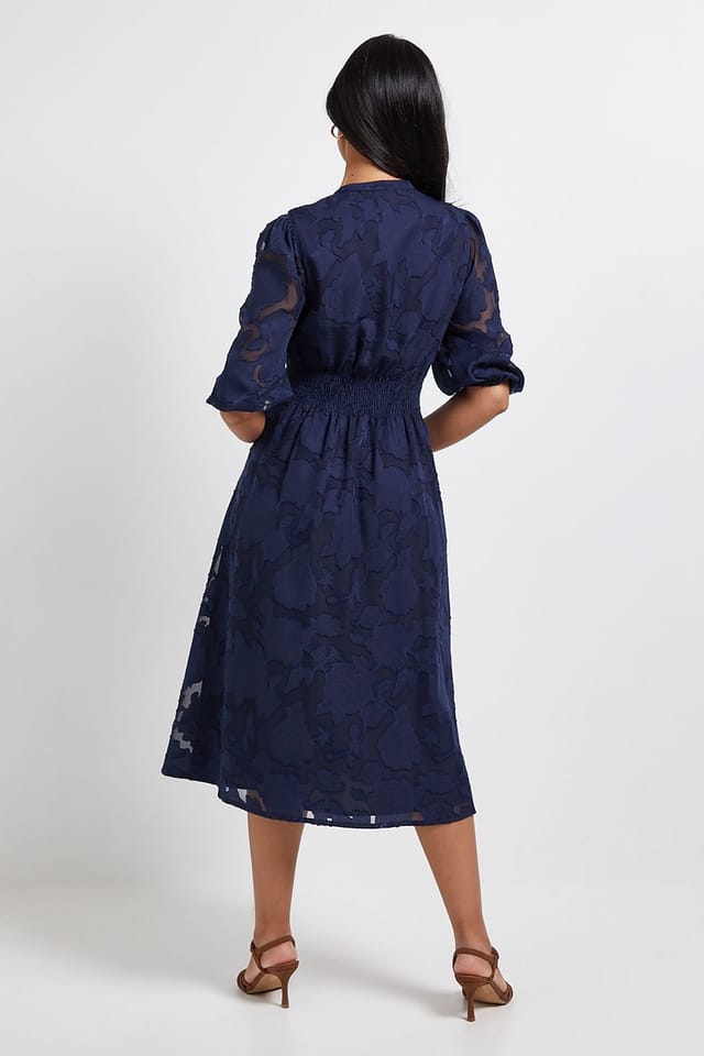 Wallis Wallis Women's Petite Floral Jacquard Button Midi Dress in Navy - 3