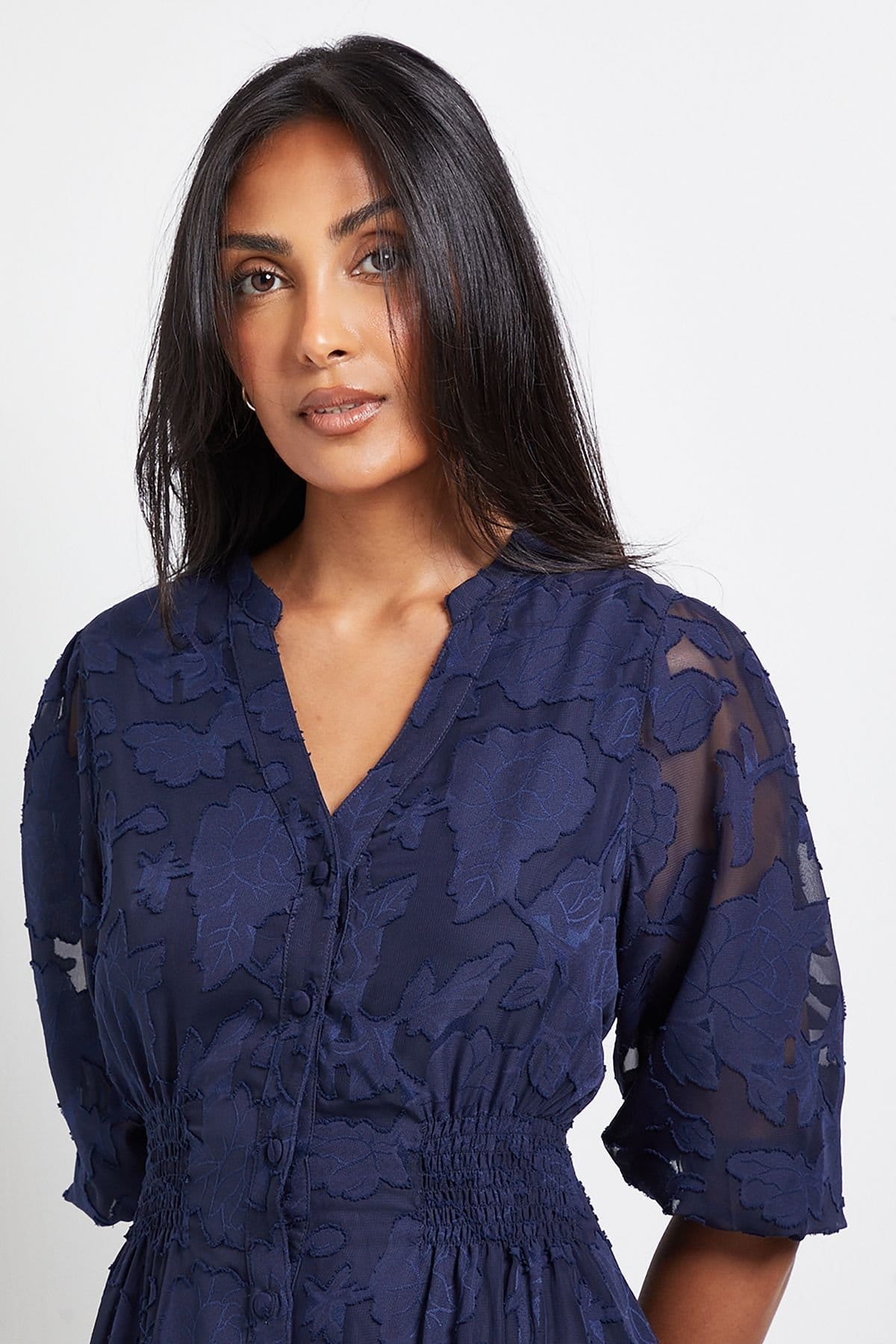 Wallis Wallis Women's Petite Floral Jacquard Button Midi Dress in Navy - 4