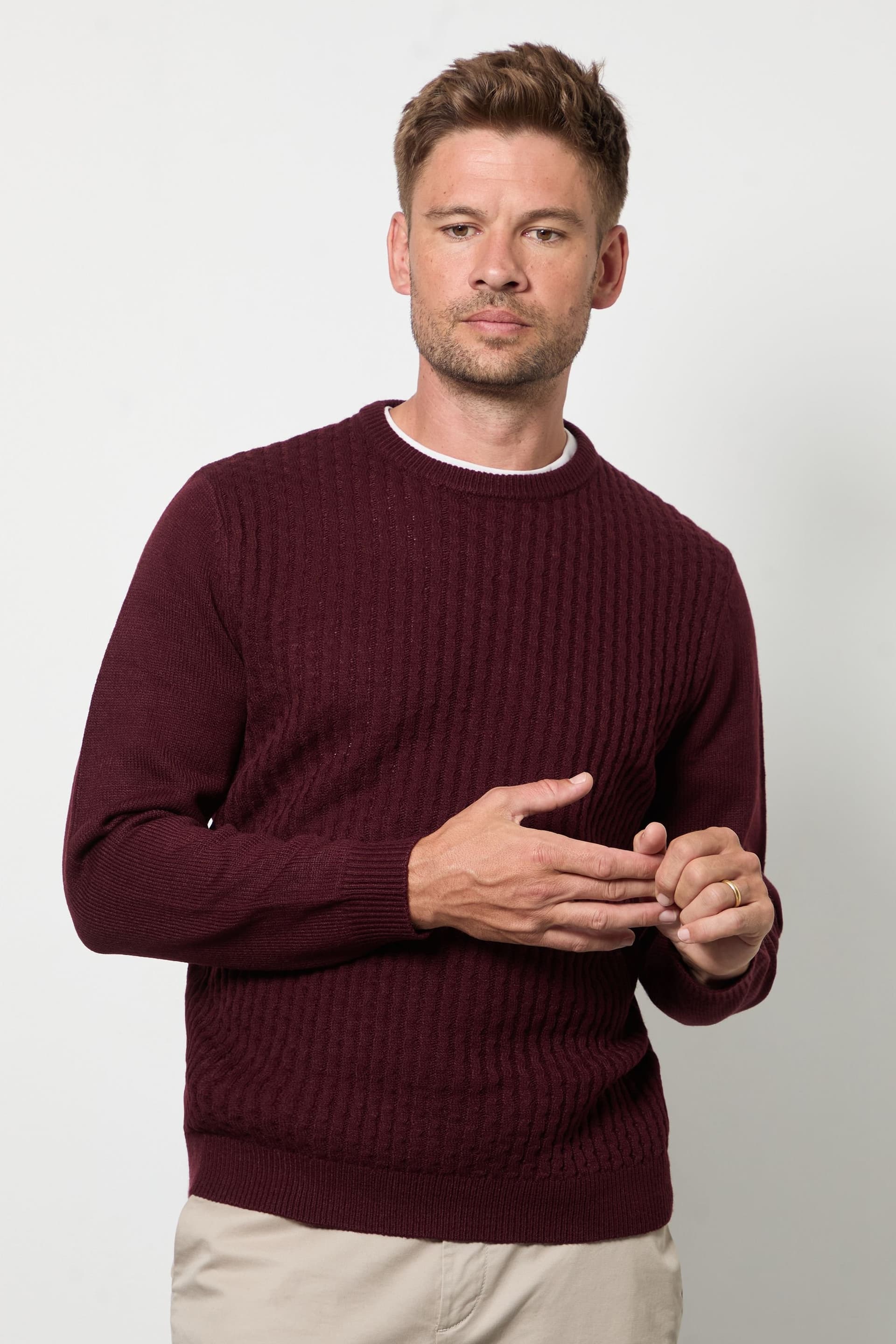 Burton Burton Men's Burgundy Cable Front Crew Neck Jumper