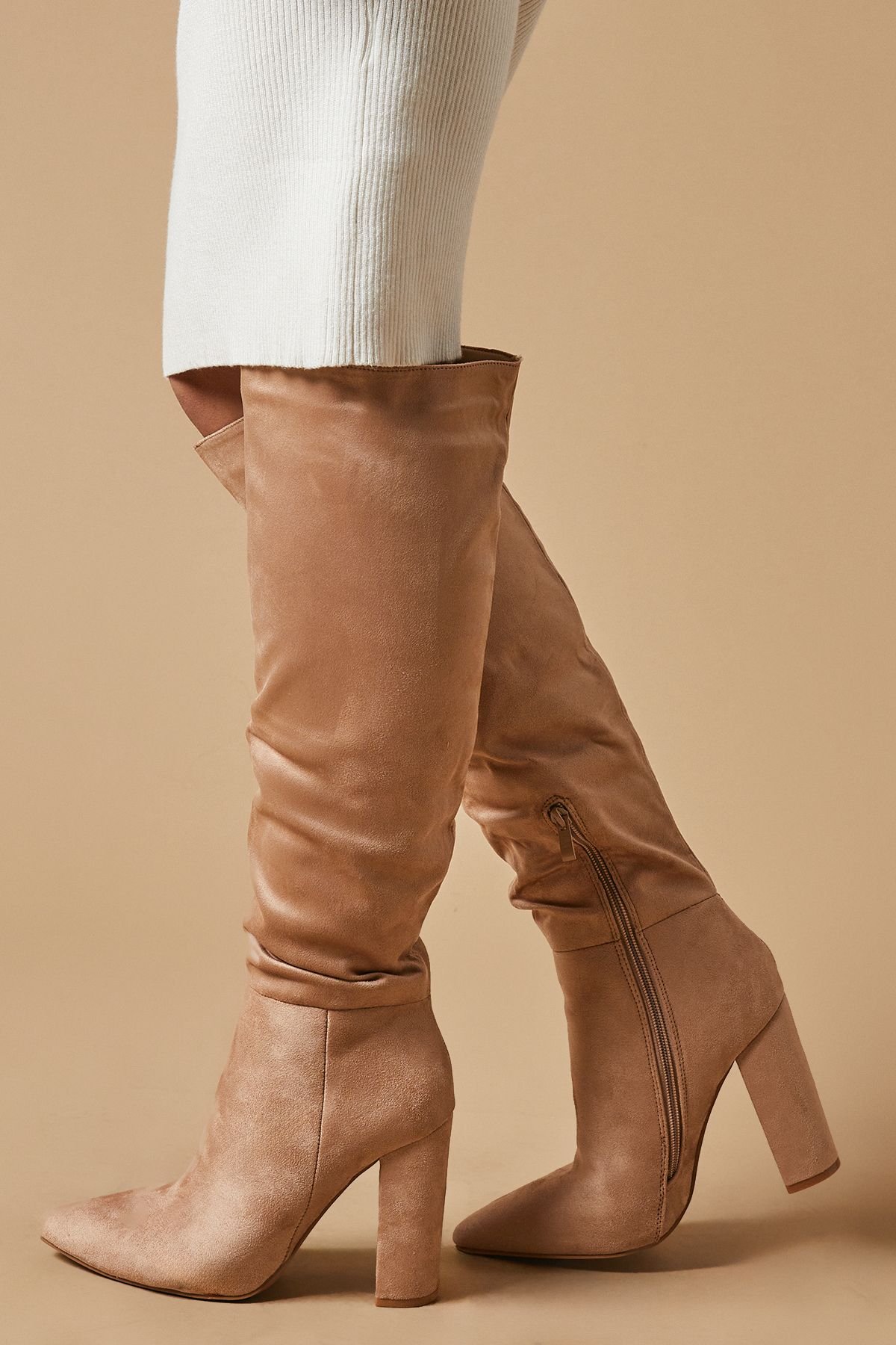 Oasis Oasis Women's Kenia Faux Suede High Block Heel Pointed Knee Boots in Taupe - 1