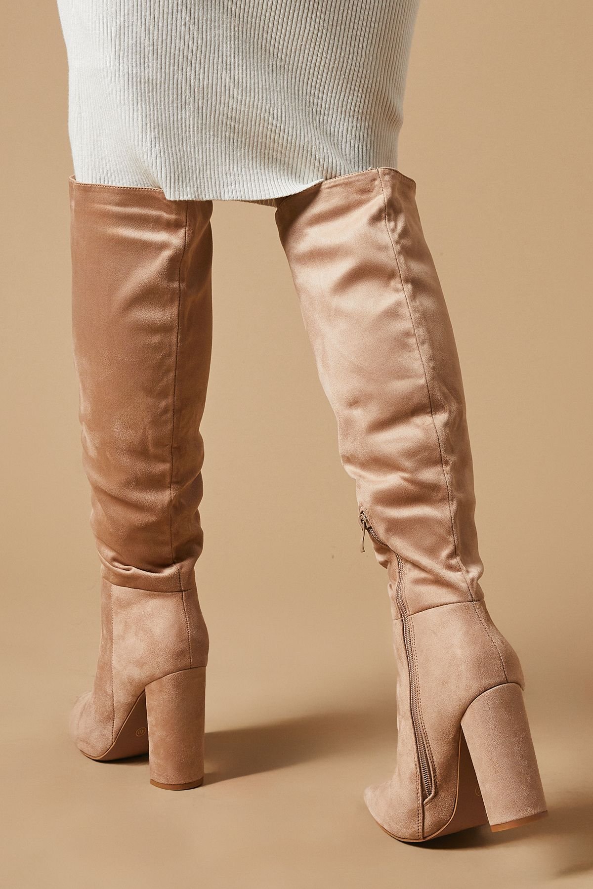 Oasis Oasis Women's Kenia Faux Suede High Block Heel Pointed Knee Boots in Taupe - 3