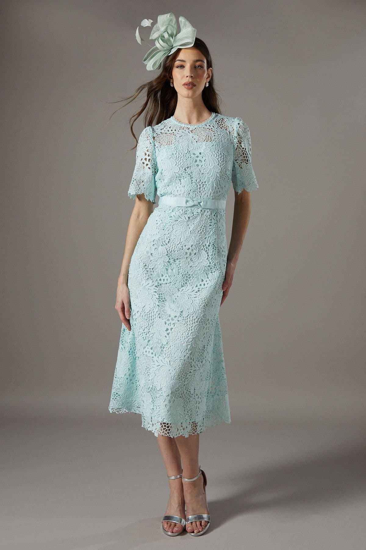 Coast Coast Women's Lace Midi Dress With Bow Belt in Sage