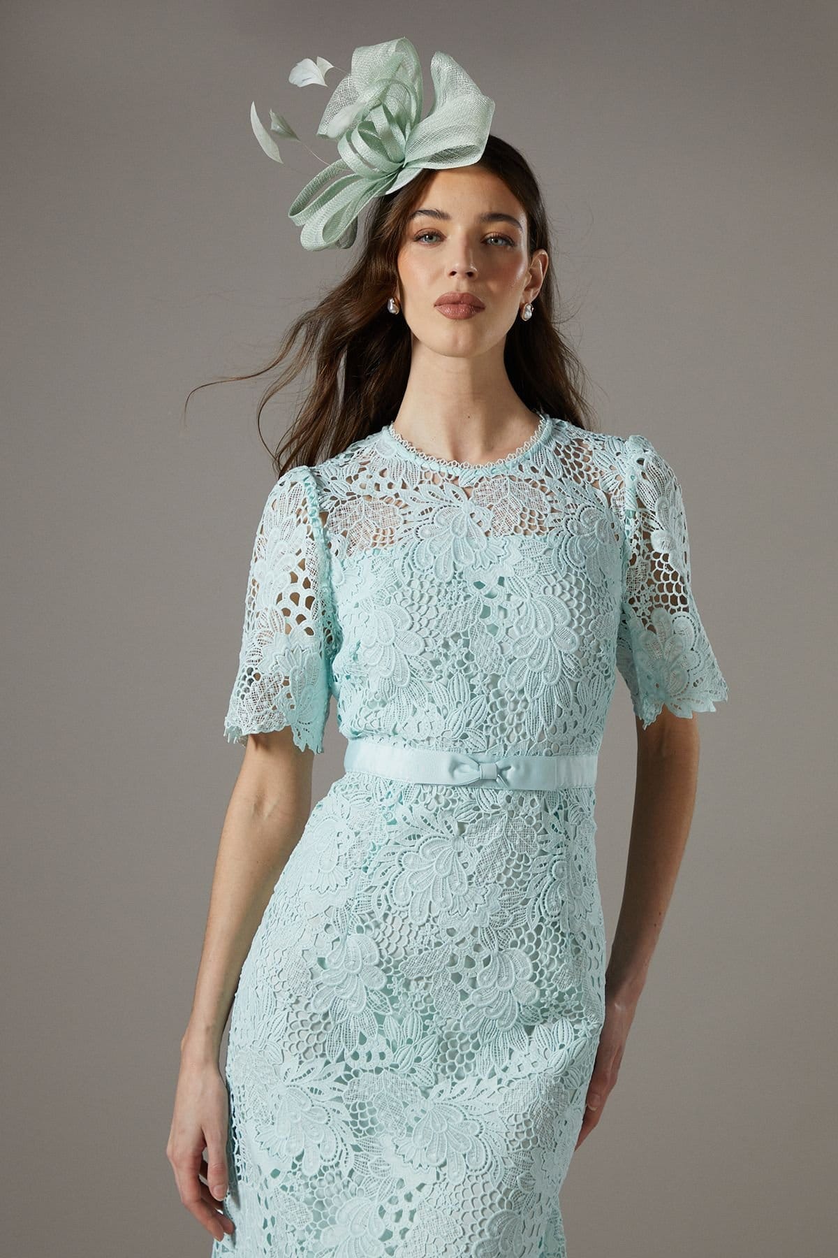 Coast Coast Women's Lace Midi Dress With Bow Belt in Sage - 4