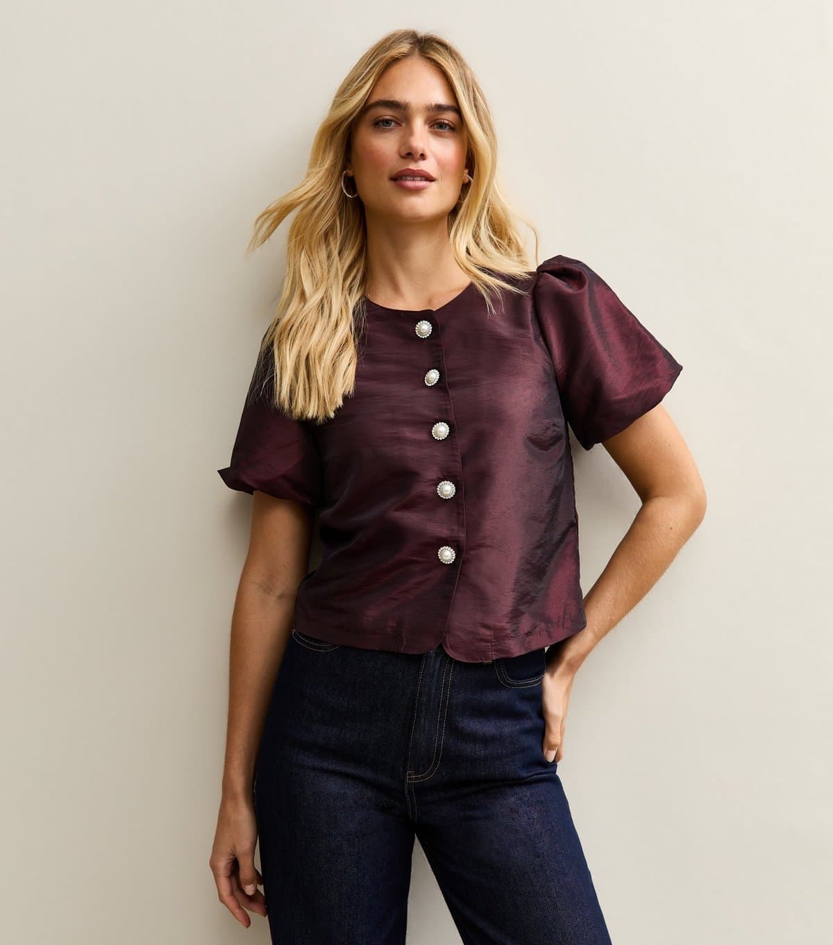 New Look Women's Dark BurgundyTaffeta Puff Sleeve Top New Look
