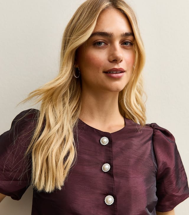 New Look Women's Dark BurgundyTaffeta Puff Sleeve Top New Look - 2