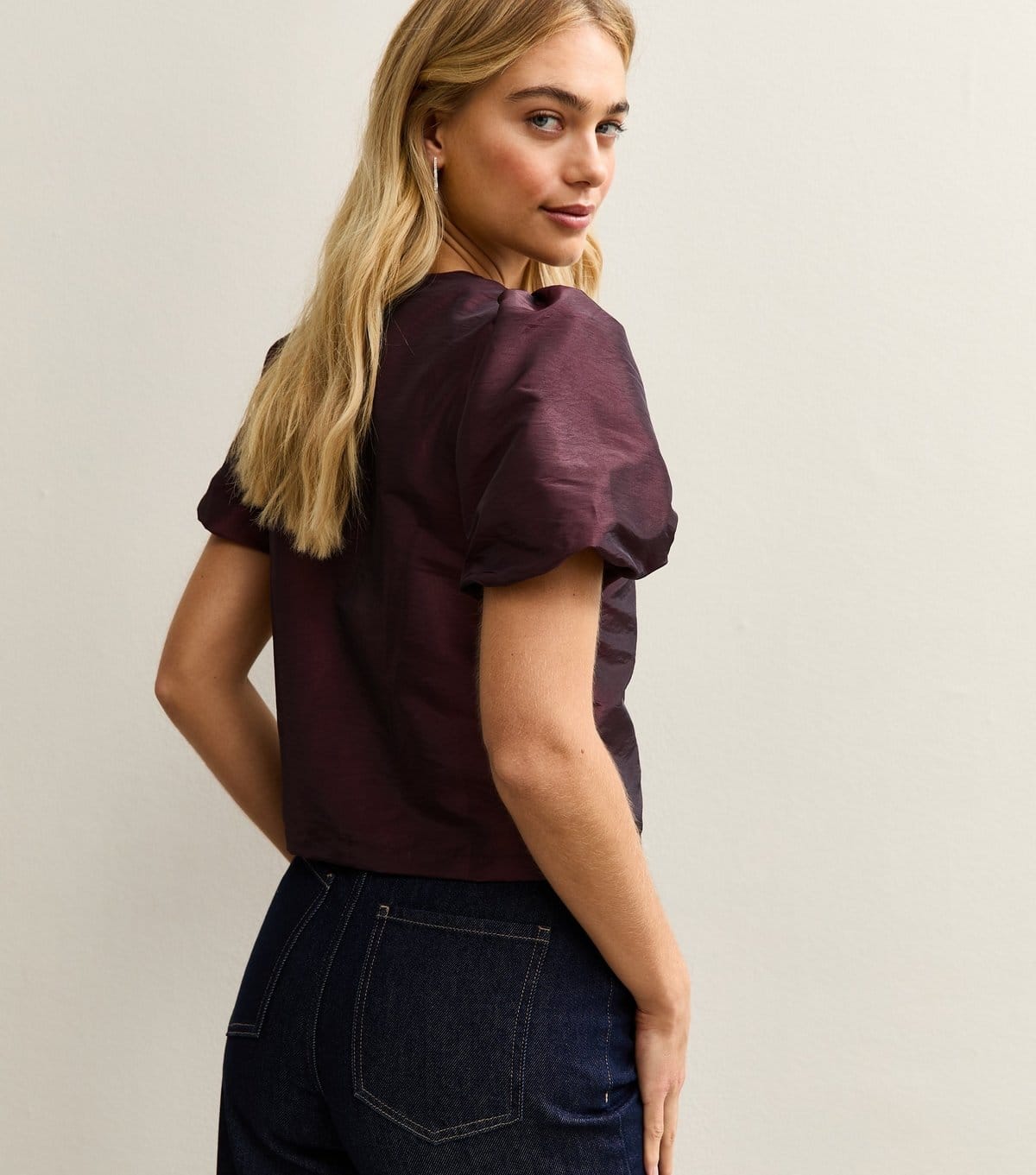 New Look Women's Dark BurgundyTaffeta Puff Sleeve Top New Look - 4