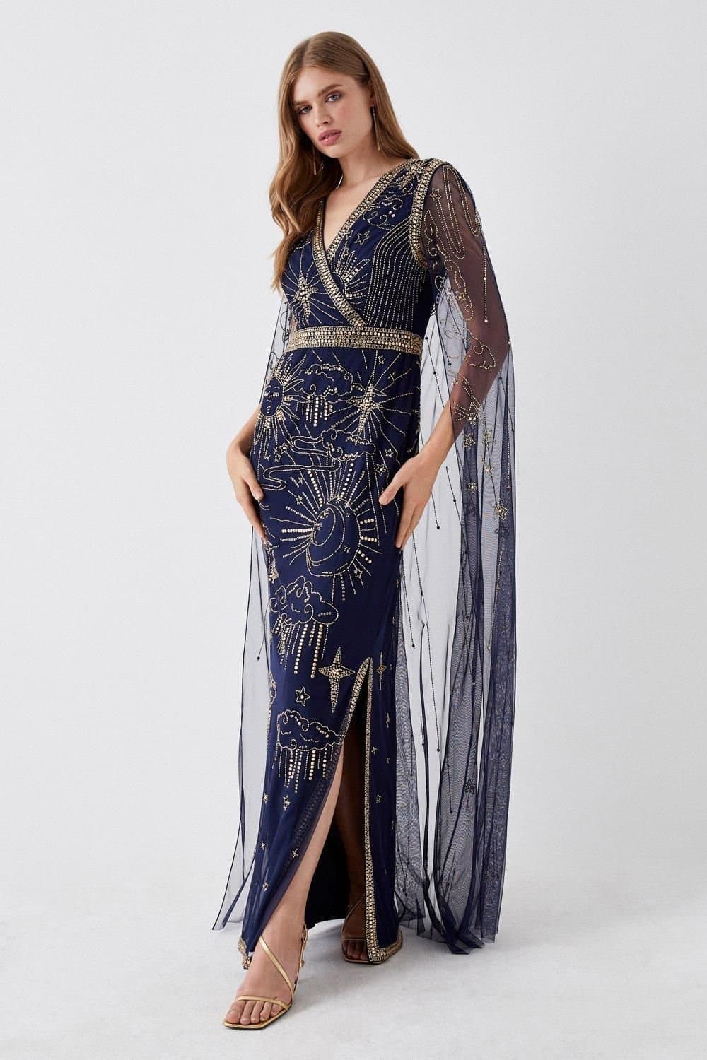 Coast Coast Women's Celestial Hand Embellished Cape Back Maxi Dress in Navy